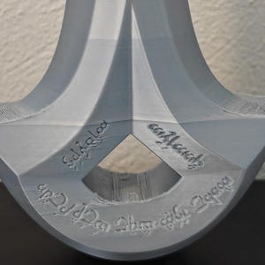 May include: A close-up of a gray, stylized sword hilt with engraved text. The hilt has a diamond-shaped opening and a curved design. The text is in a stylized font.