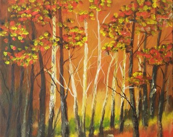 Forest Autumn Painting, Woodland Fall Painting, Forest Yellow Wall, Autumn Home Decor, Original Acrylic Painting