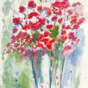 Tarjeta de felicitación floral - Tarjeta de acuarela abstracta - Flores rojas en jarrón - Tarjeta de cumpleaños de arte de regalo - Tarjeta pintada a mano