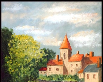 Town Original Oil Painting, French Village, Landscape Painting, Texture Painting On Canvas