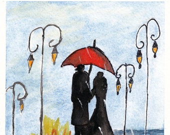 Impressionist Original Watercolor/Rainy Day/ Red Umbrella/ Figurative Painting