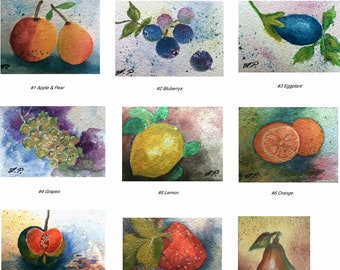 Aceo Art Paintings, original watercolor mini paintings, Fruits Collection, Gift Art