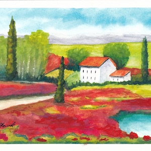 Roter Mohn Landschaft / Sommerlandschaft Feld / Italienische Szene / Aquarell Grußkarten / Geschenk für alle Gelegenheiten