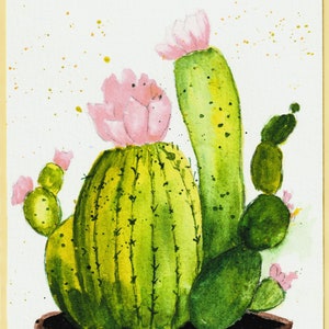 Cactus en fleurs, Carte de voeux aquarelle, Image de cactus, Carte de voeux pour toute occasion, Carte peinte à la main