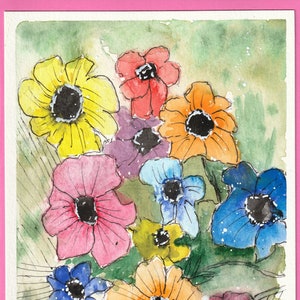 Carte de voeux fleurs colorées, carte originale aquarelle, carte de voeux peinte à la main, carte de voeux d'anniversaire