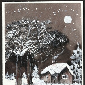 Aquarelle hiver clair de lune, carte de voeux de vacances, carte de Noël peinte à la main, carte de paysage d'hiver, carte de neige