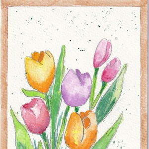 Wenskaarten tulpen / Originele aquarelkaart bloemen / Verjaardagswenskaart / Handgeschilderde kunstkaart / Moederdagkaart