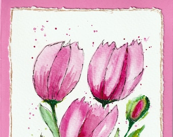 Pink Tulips Greeting Card, Mothers Day Greeting Card, Watercolor Art Card, Original Birthday Gift
