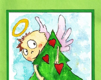Whimsical Christmas  Greeting Card, Original Watercolor Card,Holiday Childrens Card
