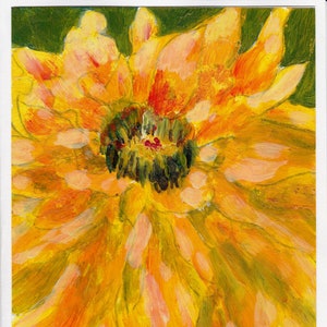 Dália amarela/cartão de aniversário floral/cartão pintado à mão/cartão de meios mistos