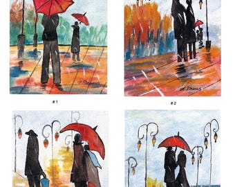 Impressionist Original Watercolor/Rainy Day/ Red Umbrella/ Figurative Painting