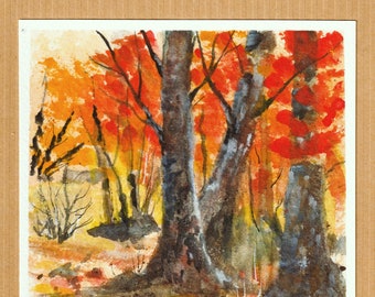 Autumn Forest Landscape/ Watercolor Greeting Card/ Watercolor Woods Painting/ Painting Fall Watercolor Card/