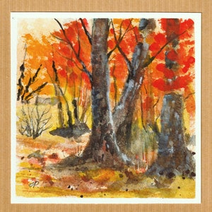 Paysage de forêt d'automne/ Carte de voeux aquarelle/ Peinture aquarelle de bois/ Peinture carte aquarelle d'automne/