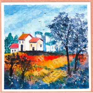 Carte de voeux village d'été, carte aquarelle originale, carte peinte à la main, carte de voeux cadeau