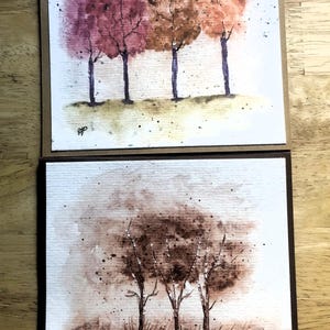 Lot de 2 cartes aquarelles, arbres abstraits, cartes originales peintes à la main