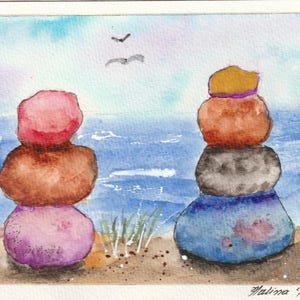Pierres sur la plage, carte peinte à la main aquarelle, carte d'art cadeau, carte peinte à la main originale