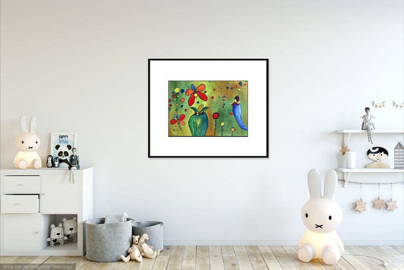 Whimsical Original Watercolor Painting/ Kids Wall Art/Fairy and Butterfly Painting image 5