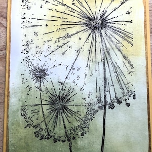 CARTA FATTA A MANO CON DENTE DI LEONE/Biglietto di auguri,/Biglietto di stagione primaverile/Originale dipinto a mano/Arte regalo
