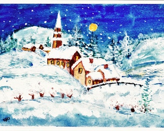 Christmas Greeting Card, Silent Night Card, Winter Landscape Card, Hand Painted Original Card