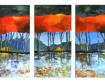 Tree Reflection Triptych: Original Acrylic Painting on Canvas