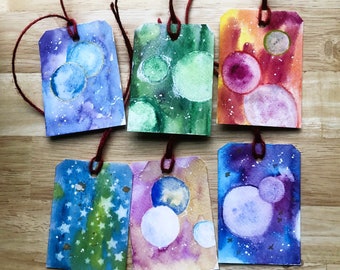 Galaxy Gift Tags, Watercolor Gift tags,Hand Painted Gift Tags,Colorful Gift Tags,Set of 6 Gift tags