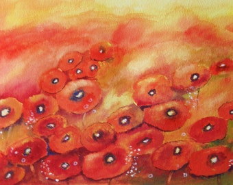 Abstract Watercolor Painting, Watercolor Original Poppy Painting, Poppies In The Field
