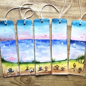 SEA SIDE BOOKMARKS - Set Of 5 Bookmarks, Watercolor Bookmarks, Hand Painted Bookmarks,, Gift Art Bookmarks