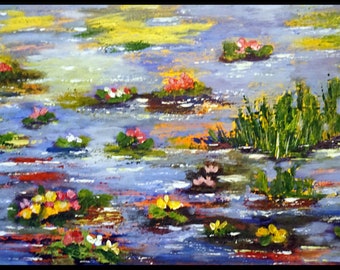 Original Water Lily Acrylic Painting: Vibrant Pond Impression, 18x36"
