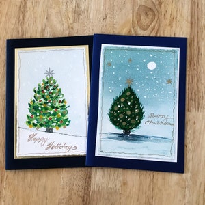 Set van 2 kerstkaarten - aquarel kerstboomkaart - handgeschilderde kerstkaarten - originele kerstkaarten - cadeaukaarten voor de feestdagen