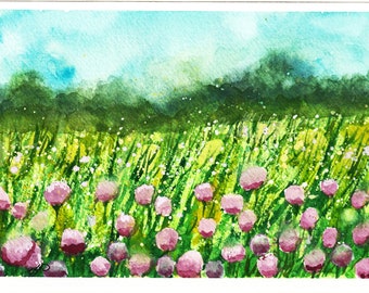 Spring Wild Flowers Card, Watercolor Greeting Card,Landscape Original Card, Gift  Art Card