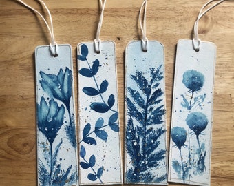Indigo Watercolor Bookmarks, Set of 4 Bookmarks, Hand Painted Bookmarks, Book Accessories Gift