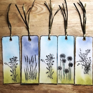 Nature Watercolor Bookmarks, Hand Painted Bookmarks ,Original Watercolor Gift, Set of 5 Blue Floral images.