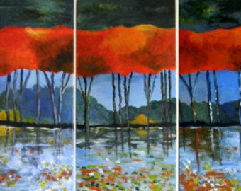 Triptych Art On Canvas , Tree Reflection Paintings, Set Of Three Original Paintings, Acrylic Wall Art, Original Acrylic Paintings