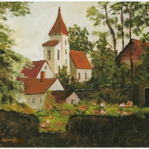 Peinture, impression de village européen, impression de village français, peinture impressionnisme, oeuvre d&#39;art pour salon, oeuvre d&#39;art pour chambre familiale