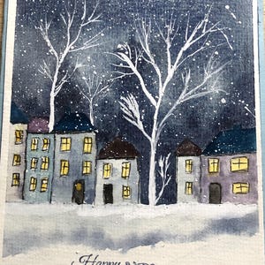 Carte de voeux de Noël, rue de Noël en hiver, carte de voeux aquarelle