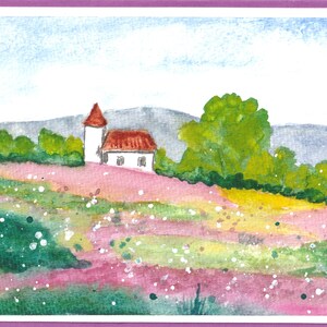 Champ d'été rose, carte de voeux aquarelle, carte d'anniversaire originale, carte d'art peinte à la main