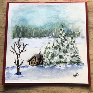 Carte de voeux paysage d'hiver, Carte peinte à la main, Carte de voeux de Noël, Carte de saison, Carte de voeux de Noël