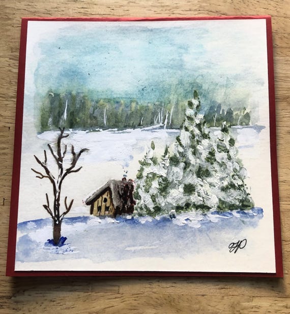 手描きの冬の風景水彩グリーティングカード - Etsy 日本