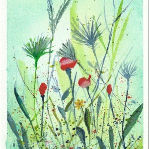 Champ de fleurs printanières, carte de voeux aquarelle, carte d'art originale, cadeau carte de voeux artistique
