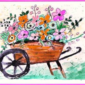 Cartão de felicitações para o dia das mães, carrinho de mão com flores / cartão de felicitações em aquarela / carrinho de mão floral / cartão pintado à mão