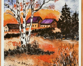Autumn Village Greeting Card, Watercolor Original Card, Hand Painted Greeting Card, Gift Art Card