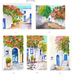 Cartes aquarelles de village grec, cartes de voeux originales colorées, cartes-cadeaux peintes à la main,