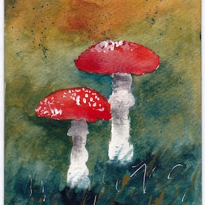 Cartes de voeux champignon vénéneux, lot de 2 cartes aquarelles, cartes d'art cadeau de voeux, cartes aquarelles originales