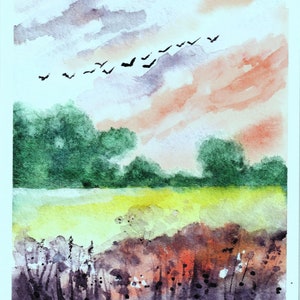 Carte de migration d'oiseau, carte de voeux aquarelle, carte d'art original, carte de paysage d'été