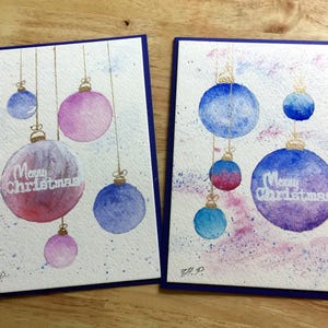 Set van 2 kerstkaarten, kerstornamentkaarten, cadeaukaarten voor de feestdagen, handgeschilderde aquarelkaarten, kunstcadeau