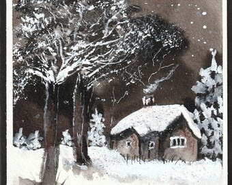 Watercolor Winter Moonlight, Holiday Greeting Card, Christmas Hand Painted Card, Winter Landscape Card, Snowy Card