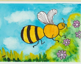 Whimsical Bee Greeting Card, Kids Art Card, Watercolor Greeting Card, Hand Painted Card
