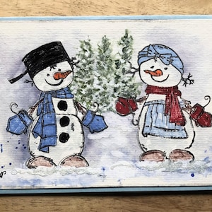 Carte de voeux de Noël, carte-cadeau des fêtes, carte originale aquarelle, carte de paire de bonhommes de neige