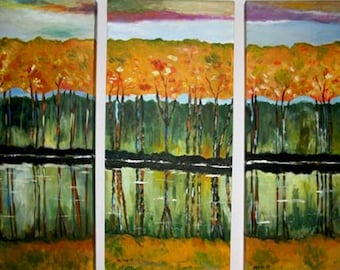 Landscape Reflection /  Triptych Forest Painting / Original Wall Art/Acrylic Painting