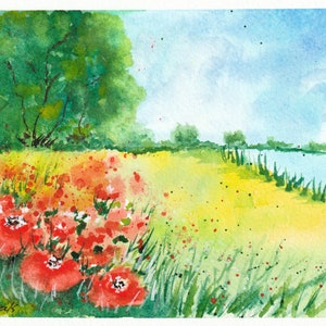 Frühlingswiese und Mohnblumen, Aquarell Grußkarte, Kunst Geschenkkarte, Gemalt Originalkarte